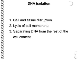 DNA isolation
1. Cell and tissue disruption
2. Lysis of cell membrane
3. Separating DNA from the rest of the
cell content.
 