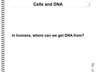 Cells and DNA
In humans, where can we get DNA from?
 