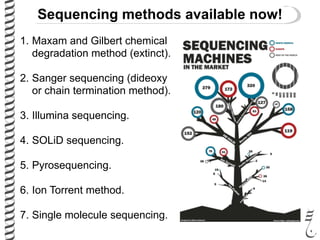 Sequencing methods available now!
1. Maxam and Gilbert chemical
degradation method (extinct).
2. Sanger sequencing (dideoxy
or chain termination method).
3. Illumina sequencing.
4. SOLiD sequencing.
5. Pyrosequencing.
6. Ion Torrent method.
7. Single molecule sequencing.
 