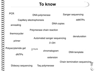To know
Polymerase chain reaction
PCR
DNA template
dNTPs
ddNTPs
DNA polymerase
Taq polymerase
primer
3’-OH
denaturation
annealing
extension
DNA copies
2 #cycle
thermocycler
Sanger sequencing
Dideoxy sequencing
Chain termination sequencing
Polyacrylamide gel
Automated sanger sequencing
Capillary electrophoresis
chromatogram
 