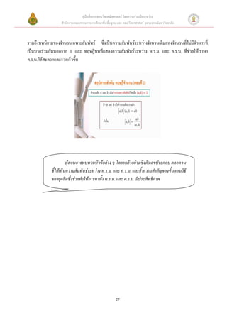คู่มือสื่อการสอนวิชาคณิตศาสตร์ โดยความร่วมมือระหว่าง
                  สานักงานคณะกรรมการการศึกษาขั้นพื้นฐาน และ คณะวิทยาศาสตร์ จุฬาลงกรณ์มหาวิทยาลัย



รวมถึงบทนิยามของจานวนเฉพาะสัมพัทธ์ ซึ่งเป็นความสัมพันธ์ระหว่างจานวนเต็มสองจานวนที่ไม่มีตัวหารที่
เป็นบวกร่วมกันนอกจาก 1 และ ทฤษฎีบทที่แสดงความสัมพันธ์ระหว่าง ห.ร.ม. และ ค.ร.น. ที่ช่วยให้เราหา
ค.ร.น.ได้สะดวกและรวดเร็วขึ้น




                      ผู้สอนอาจทบทวนหัวข้อต่าง ๆ โดยยกตัวอย่างเชิงตัวเลขประกอบ ตลอดจน
            ชี้ให้เห็นความสัมพันธ์ระหว่าง ห.ร.ม. และ ค.ร.น. และย้าความสาคัญของขั้นตอนวิธี
            ของยุคลิดซึ่งช่วยทาให้การหาทั้ง ห.ร.ม. และ ค.ร.น. มีประสิทธิภาพ




                                                       27
 