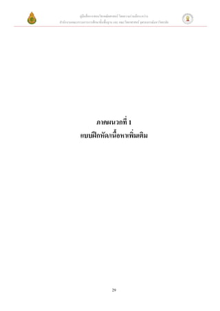 คู่มือสื่อการสอนวิชาคณิตศาสตร์ โดยความร่วมมือระหว่าง
สานักงานคณะกรรมการการศึกษาขั้นพื้นฐาน และ คณะวิทยาศาสตร์ จุฬาลงกรณ์มหาวิทยาลัย




                  ภาคผนวกที่ 1
              แบบฝึกหัด/เนื้อหาเพิ่มเติม




                                     29
 