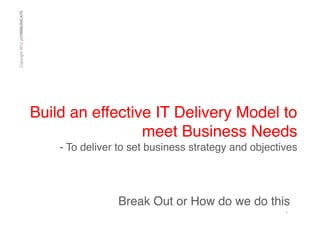 .

Copyright 2012 COMMUNICATE!

Build an effective IT Delivery Model to
meet Business Needs!
- To deliver to set business strategy and objectives !

!!
Break Out or How do we do this!
1	
  

 
