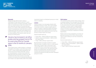 8
Newcastle
Midway through 2016 and we’re seeing a
continuation of high vacancy levels for C and D
grade office property. Perhaps surprisingly, vacancy
rates for A grade property have risen sharply from
their historically low levels of the past few years.
Figures as at January 2016 released by the Property
Council of Australia have shown that total vacancies
in Newcastle CBD office space have skipped out to
12.4%, the highest vacancy factor since 2010. This
is a sharp doubling of the vacancy factor over the
previous 12 month period.
Vacancy has increased in all office
grades and has jumped from 6.7%
to a worrying 25% for D grade
space in the 12 months to January
2016.
This D grade vacancy, while troubling, is contained
somewhat to the largely vacant office space within
the GPT / Urban Growth owned development site
centred around the Hunter Street Mall. There is
an unusual dynamic currently at play within the
Newcastle CBD office market as property for sale
is limited and office space vacancy is very high.
Investors are looking more at potential development
and change of use opportunities rather than straight
investment property as downward pressure on rental
returns is building.
Lismore
Lismore remains in an oversupply situation with
downward pressure on rents. This is more evident
in secondary locations. Superior quality space in
superior locations is generally holding. Secondary
locations experience extended letting up periods
with the need to offer additional fit-out or rent free
periods to obtain longer term leases.
General market levels are:
•	 Prime office – $300 to $350 per square metre
•	 Medium range accommodation – $200 to $250
per square metre
•	 Fringe – $80 to $150 per square metre
We would expect secondary locations to remain
difficult to lease. In addition, there is a 3,000 square
metre office complex under construction in the
Lismore CBD which is understood to have letters
of offer for a significant part. We understand these
tenants are predominantly relocating from other
locations and therefore will result in increased
vacancies throughout the CBD and further downward
pressure on rents.
Coffs Harbour
The commercial office market remains steady. There
is a gradual uptake of the oversupply from 2014 and
2015. There have been some recent redevelopments
of new small strata office space suited to owner-
occupation. Economic policy in regional NSW is
restricting the government sector, with limited
evidence of freshly negotiated leases or growth as
a consequence of the lack of expansion of existing
departments.
Market rental increase negotiations at reviews are
generally moving at CPI or 2% to 3% per annum.
There is some evidence of rent free incentives for
new leases.
General market levels are:
•	 Prime Office – $350 to $420 per square metre
•	 Medium range accommodation – $300 to $350
per square metre
•	 Fringe – $200 to $300 per square metre
Commercial
Month in Review
June 2016
 