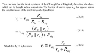 Thus, we note that the input resistance of the CE amplifier will typically be a few kilo ohms,
which can be thought as low to moderate. The fraction of source signal vsig that appears across
the input terminals of the amplifier can be found from
 
  sig
B
B
sig
sig
in
in
sig
i
R
r
R
r
R
v
R
R
R
v
v






||
||
sig
sig
i
R
r
r
v
v




Which for RB >> rπ becomes
…(3.24)
…(3.25)
…(3.26)
 