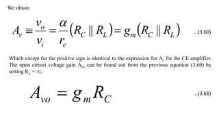 We obtain
   
L
C
m
L
C
e
i
o
v R
R
g
R
R
r
v
v
A ||
|| 



Which except for the positive sign is identical to the expression for Av for the CE amplifier.
The open circuit voltage gain Avo can be found out from the previous equation (3.60) by
setting RL = ∞;
C
m
vo R
g
A 
…(3.60)
…(3.61)
 