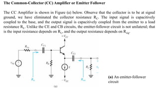 The Common-Collector (CC) Amplifier or Emitter Follower
The CC Amplifier is shown in Figure (a) below. Observe that the collector is to be at signal
ground, we have eliminated the collector resistance RC. The input signal is capacitively
coupled to the base, and the output signal is capacitively coupled from the emitter to a load
resistance RL. Unlike the CE and CB circuits, the emitter-follower circuit is not unilateral; that
is the input resistance depends on RL, and the output resistance depends on Rsig.
(a) An emitter-follower
circuit
 
