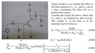Figure (a) above is to consider the effect of
the three capacitors CC1, CE, and CC2 one at
a time, considering the other two as a
perfect short-circuit.
Consider the Figure (b) above, shows that
CC2 and CE are replaced by short circuits.
The voltage Vπ at the base is of the
transistor can be written as
(d)
𝑉
𝜋 = 𝑉𝑠𝑖𝑔
𝑅𝐵||𝑟𝜋
𝑅𝐵||𝑟𝜋 + 𝑅𝑠𝑖𝑔 +
1
𝑠𝐶𝐶1
𝑉
𝑜 = −𝑔𝑚𝑉
𝜋 𝑅𝐶||𝑅𝐿
𝑉
𝑜
𝑉𝑠𝑖𝑔
= −
𝑅𝐵||𝑟𝜋
𝑅𝐵||𝑟𝜋 + 𝑅𝑠𝑖𝑔
𝑔𝑚 𝑅𝐶||𝑅𝐿
𝑠
𝑠 +
1
𝐶𝐶1 𝑅𝐵||𝑟𝜋 + 𝑅𝑠𝑖𝑔
…(3.82)
…(3.83)
…(3.84)
 