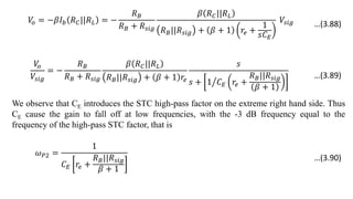𝑉
𝑜 = −𝛽𝐼𝑏 𝑅𝐶||𝑅𝐿 = −
𝑅𝐵
𝑅𝐵 + 𝑅𝑠𝑖𝑔
𝛽 𝑅𝐶||𝑅𝐿
𝑅𝐵||𝑅𝑠𝑖𝑔 + 𝛽 + 1 𝑟𝑒 +
1
𝑠𝐶𝐸
𝑉𝑠𝑖𝑔
𝑉
𝑜
𝑉𝑠𝑖𝑔
= −
𝑅𝐵
𝑅𝐵 + 𝑅𝑠𝑖𝑔
𝛽 𝑅𝐶||𝑅𝐿
𝑅𝐵||𝑅𝑠𝑖𝑔 + 𝛽 + 1 𝑟𝑒
𝑠
𝑠 + 1 𝐶𝐸 𝑟𝑒 +
𝑅𝐵||𝑅𝑠𝑖𝑔
𝛽 + 1
We observe that CE introduces the STC high-pass factor on the extreme right hand side. Thus
CE cause the gain to fall off at low frequencies, with the -3 dB frequency equal to the
frequency of the high-pass STC factor, that is
𝜔𝑃2 =
1
𝐶𝐸 𝑟𝑒 +
𝑅𝐵||𝑅𝑠𝑖𝑔
𝛽 + 1
…(3.88)
…(3.89)
…(3.90)
 
