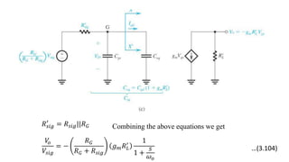 𝑅𝑠𝑖𝑔
′
= 𝑅𝑠𝑖𝑔||𝑅𝐺 Combining the above equations we get
𝑉
𝑜
𝑉𝑠𝑖𝑔
= −
𝑅𝐺
𝑅𝐺 + 𝑅𝑠𝑖𝑔
𝑔𝑚𝑅𝐿
′
1
1 +
𝑠
𝜔𝑜
…(3.104)
 