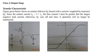 Class A Output Stage
Transfer Characteristic
Figure given below shows an emitter follower Q1 biased with a current I supplied by transistor
Q2. Since the emitter current iE1 = I + iL, the bias current I must be greater that the largest
negative load current; otherwise, Q1 cuts off and class A operation will no longer be
maintained.
 