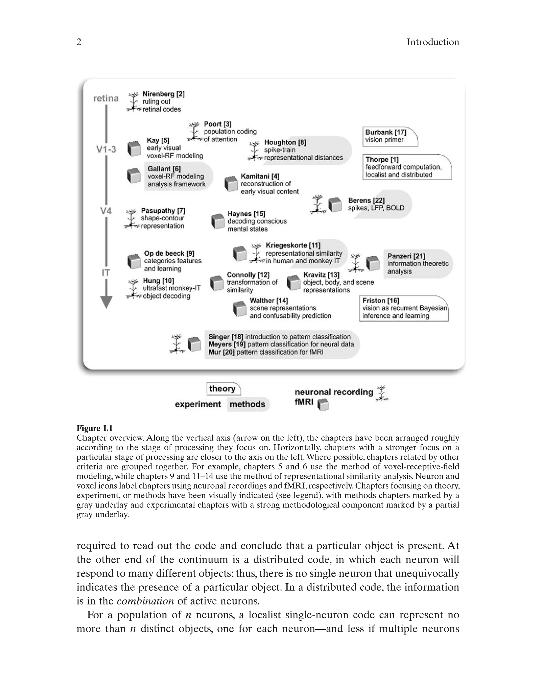 2 Introduction
required to read out the code and conclude that a particular object is present. At
the other end of the continuum is a distributed code, in which each neuron will
respond to many different objects; thus, there is no single neuron that unequivocally
indicates the presence of a particular object. In a distributed code, the information
is in the combination of active neurons.
For a population of n neurons, a localist single-neuron code can represent no
more than n distinct objects, one for each neuron—and less if multiple neurons
Figure I.1
Chapter overview. Along the vertical axis (arrow on the left), the chapters have been arranged roughly
according to the stage of processing they focus on. Horizontally, chapters with a stronger focus on a
particular stage of processing are closer to the axis on the left. Where possible, chapters related by other
criteria are grouped together. For example, chapters 5 and 6 use the method of voxel-receptive-field
modeling, while chapters 9 and 11–14 use the method of representational similarity analysis. Neuron and
voxel icons label chapters using neuronal recordings and fMRI, respectively. Chapters focusing on theory,
experiment, or methods have been visually indicated (see legend), with methods chapters marked by a
gray underlay and experimental chapters with a strong methodological component marked by a partial
gray underlay.
 