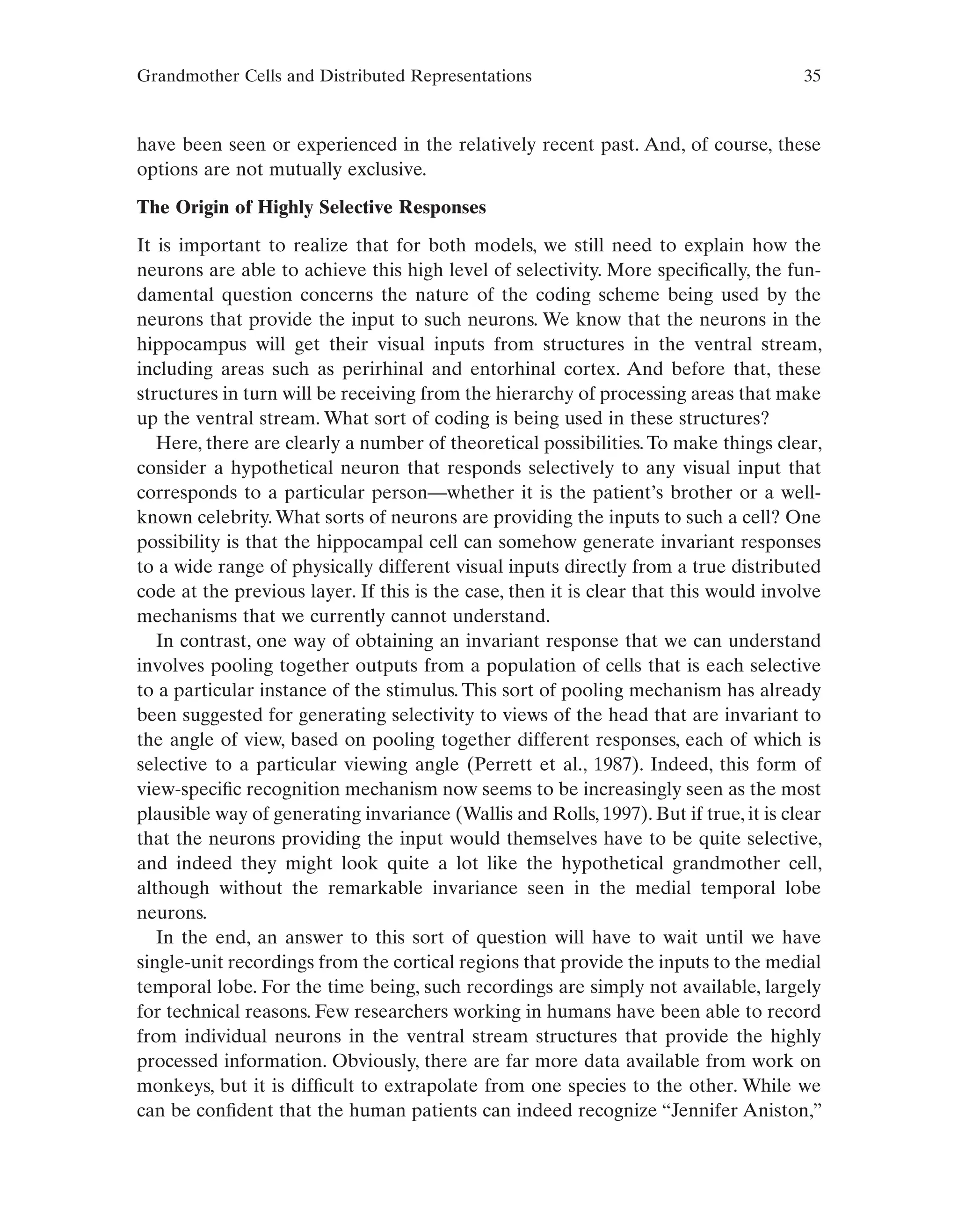 Grandmother Cells and Distributed Representations 35
have been seen or experienced in the relatively recent past. And, of course, these
options are not mutually exclusive.
The Origin of Highly Selective Responses
It is important to realize that for both models, we still need to explain how the
neurons are able to achieve this high level of selectivity. More specifically, the fun-
damental question concerns the nature of the coding scheme being used by the
neurons that provide the input to such neurons. We know that the neurons in the
hippocampus will get their visual inputs from structures in the ventral stream,
including areas such as perirhinal and entorhinal cortex. And before that, these
structures in turn will be receiving from the hierarchy of processing areas that make
up the ventral stream. What sort of coding is being used in these structures?
Here, there are clearly a number of theoretical possibilities.To make things clear,
consider a hypothetical neuron that responds selectively to any visual input that
corresponds to a particular person—whether it is the patient’s brother or a well-
known celebrity.What sorts of neurons are providing the inputs to such a cell? One
possibility is that the hippocampal cell can somehow generate invariant responses
to a wide range of physically different visual inputs directly from a true distributed
code at the previous layer. If this is the case, then it is clear that this would involve
mechanisms that we currently cannot understand.
In contrast, one way of obtaining an invariant response that we can understand
involves pooling together outputs from a population of cells that is each selective
to a particular instance of the stimulus. This sort of pooling mechanism has already
been suggested for generating selectivity to views of the head that are invariant to
the angle of view, based on pooling together different responses, each of which is
selective to a particular viewing angle (Perrett et al., 1987). Indeed, this form of
view-specific recognition mechanism now seems to be increasingly seen as the most
plausible way of generating invariance (Wallis and Rolls, 1997). But if true, it is clear
that the neurons providing the input would themselves have to be quite selective,
and indeed they might look quite a lot like the hypothetical grandmother cell,
although without the remarkable invariance seen in the medial temporal lobe
neurons.
In the end, an answer to this sort of question will have to wait until we have
single-unit recordings from the cortical regions that provide the inputs to the medial
temporal lobe. For the time being, such recordings are simply not available, largely
for technical reasons. Few researchers working in humans have been able to record
from individual neurons in the ventral stream structures that provide the highly
processed information. Obviously, there are far more data available from work on
monkeys, but it is difficult to extrapolate from one species to the other. While we
can be confident that the human patients can indeed recognize “Jennifer Aniston,”
 