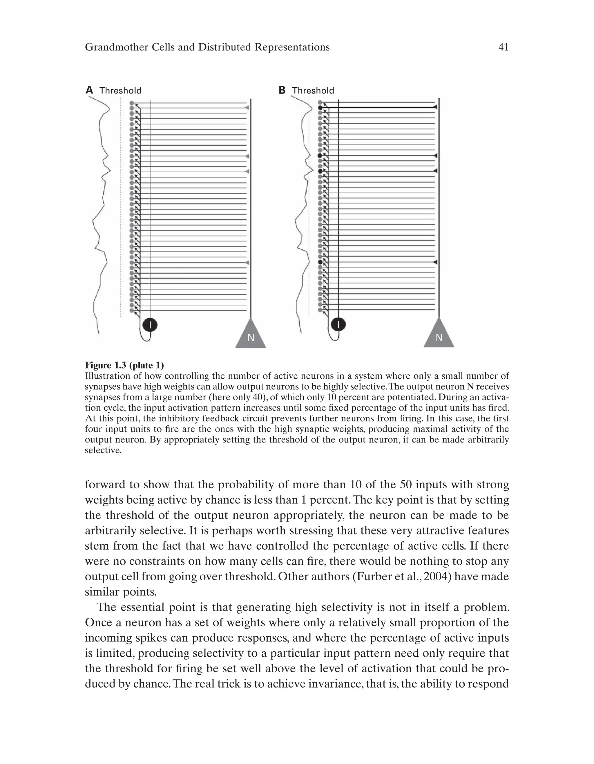 Grandmother Cells and Distributed Representations 41
forward to show that the probability of more than 10 of the 50 inputs with strong
weights being active by chance is less than 1 percent.The key point is that by setting
the threshold of the output neuron appropriately, the neuron can be made to be
arbitrarily selective. It is perhaps worth stressing that these very attractive features
stem from the fact that we have controlled the percentage of active cells. If there
were no constraints on how many cells can fire, there would be nothing to stop any
output cell from going over threshold. Other authors (Furber et al., 2004) have made
similar points.
The essential point is that generating high selectivity is not in itself a problem.
Once a neuron has a set of weights where only a relatively small proportion of the
incoming spikes can produce responses, and where the percentage of active inputs
is limited, producing selectivity to a particular input pattern need only require that
the threshold for firing be set well above the level of activation that could be pro-
duced by chance.The real trick is to achieve invariance, that is, the ability to respond
A Threshold B Threshold
I I
N N
Figure 1.3 (plate 1)
Illustration of how controlling the number of active neurons in a system where only a small number of
synapses have high weights can allow output neurons to be highly selective.The output neuron N receives
synapses from a large number (here only 40), of which only 10 percent are potentiated. During an activa-
tion cycle, the input activation pattern increases until some fixed percentage of the input units has fired.
At this point, the inhibitory feedback circuit prevents further neurons from firing. In this case, the first
four input units to fire are the ones with the high synaptic weights, producing maximal activity of the
output neuron. By appropriately setting the threshold of the output neuron, it can be made arbitrarily
selective.
 