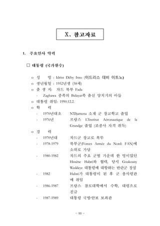 - 99 -
ⅩⅩ
1.
□ ( )
o : Idriss Déby Itno (이드리스 데비 이트노)
o : 1952 (58 )
o : Fada
- Zaghawa Bidayat
o : 1990.12.2.
o
- 1970 N'Djamena
- 1976 L'Institut Aéronautique de la
Grandge ( )
o
- 1970
- 1978-1979 (Forces Armée du Nord: FAN)
- 1980-1982
Hissène Habré , Goukouny
Weddeye
- 1982 Habré
- 1986-1987 ,
- 1987-1989 ․
 