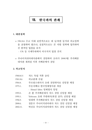 - 91 -
ⅧⅧ
1.
o 1961.8.6 .
,
- UN
o 2008.9
2.
1960.8.11
1961.8.6
1964.4.
1975.1.
- Ahmed Idriss
1993.5.
1995.1. Tchiouna ( )
1996.9.
2000.6.
2002.11.
 