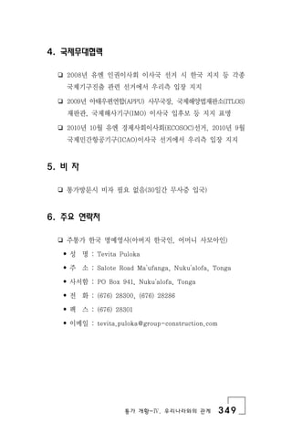통가 개황-Ⅳ. 우리나라와의 관계 349
4. 국제무대협력
❏ 2008년 유엔 인권이사회 이사국 선거 시 한국 지지 등 각종
국제기구진출 관련 선거에서 우리측 입장 지지
❏ 2009년 아태우편연합(APPU) 사무국장, 국제해양법재판소(ITLOS)
재판관, 국제해사기구(IMO) 이사국 입후보 등 지지 표명
❏ 2010년 10월 유엔 경제사회이사회(ECOSOC)선거, 2010년 9월
국제민간항공기구(ICAO)이사국 선거에서 우리측 입장 지지
5. 비 자
❏ 통가방문시 비자 필요 없음(30일간 무사증 입국)
6. 주요 연락처
❏ 주통가 한국 명예영사(아버지 한국인, 어머니 사모아인)
• 성 명 : Tevita Puloka
• 주 소 : Salote Road Ma'ufanga, Nuku'alofa, Tonga
• 사서함 : PO Box 941, Nuku'alofa, Tonga
• 전 화 : (676) 28300, (676) 28286
• 팩 스 : (676) 28301
• 이메일 : tevita.puloka@group-construction.com
 