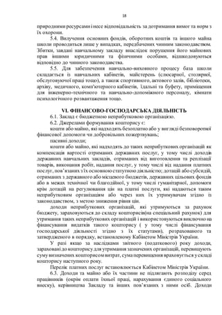 18
природнимиресурсамиінесе відповідальність за дотримання вимог та норм з
їх охорони.
5.4. Вилучення основних фондів, оборотних коштів та іншого майна
школи проводиться лише у випадках, передбачених чинним законодавством.
Збитки, завдані навчальному закладу внаслідок порушення його майнових
прав іншими юридичними та фізичними особами, відшкодовуються
відповідно до чинного законодавства.
5.5. Для забезпечення навчально-виховного процесу база школи
складається із навчальних кабінетів, майстерень (слюсарної, столярної,
обслуговуючої праці тощо), а також спортивного, актового залів, бібліотеки,
архіву, медичного, комп'ютерного кабінетів, їдальні та буфету, приміщення
для інженерно-технічного та навчально-допоміжного персоналу, кімнати
психологічного розвантаження тощо.
VІ. ФІНАНСОВО-ГОСПОДАРСЬКА ДІЯЛЬНІСТЬ
6.1. Заклад є бюджетною неприбутковою організацією.
6.2. Джерелами формування кошторису є:
кошти або майно, які надходять безоплатно або у вигляді безповоротної
фінансової допомоги чи добровільних пожертвувань;
пасивні доходи;
кошти або майно, які надходять до таких неприбуткових організацій як
компенсація вартості отриманих державних послуг, у тому числі доходів
державних навчальних закладів, отриманих від виготовлення та реплізації
товарів, виконання робіт, надання послуг, у тому числі від надання платних
послуг, пов’язанихз їх основною статутною діяльністю; дотацій або субсидій,
отриманих з державного або місцевого бюджетів, державних цільових фондів
або в межах технічної чи благодійної, у тому числі гуманітарної, допомоги
крім дотацій на регулювання цін на платні послуги, які надаються таким
неприбутковим організаціям або через них їх утримувачам згідно із
законодавством, з метою зниження рівня цін.
доходи неприбуткових організацій, які утримуються за рахунок
бюджету, зараховуються до складу кошторисів(на спеціальний рахунок) для
утримання таких неприбуткових організацій і використовуються виключно на
фінансування видатків такого кошторису ( у тому числі фінансування
господарської діяльності згідно з їх статутами), розрахованого та
затвердженого в порядку, встановленому Кабінетом Міністрів України.
У разі якщо за наслідками звітного (податкового) року доходи,
зарахованідо кошторисудля утримання зазначених організацій, перевищують
сумувизначених кошторисом витрат, сумаперевищення враховується ускладі
кошторису наступного року.
Перелік платних послуг встановлюється Кабінетом Міністрів України.
6.3. Доходи та майно або їх частини не підлягають розподілу серед
працівників (окрім оплати їхньої праці, нарахування єдиного соціального
внеску), керівництва Закладу та інших пов’язаних з ними осіб. Доходи
 