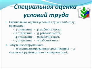Специальная оценка
условий труда
1. Специальная оценка условий труда в 2016 году
проведена:
- 3 отделение - 44 рабочих места,
- 2 отделение - 33 рабочих места,
- 4 отделение - 36 рабочих мест,
- 5 отделение - 17 рабочих мест.
2. Обучение сотрудников:
- в специализированных организациях - 4
человека ( руководители и специалисты);
 
