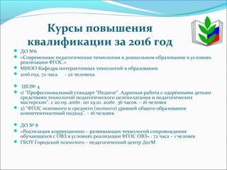 Курсы повышения
квалификации за 2016 год
 ДО №6
 «Современные педагогические технологии в дошкольном образовании в условиях
реализации ФГОС.»
 МИОО Кафедра интерактивных технологий в образовании
 2016 год. 72 часа. - 22 человека
 ШО№ 4
 1) "Профессиональный стандарт "Педагог". Адресная работа с одарёнными детьми
средствами технологий педагогического целеполагания и педагогических
мастерских". с 20.09 .2016г. по 29.10. 2016г. 36 часов. – 16 человек
 2) "ФГОС основного и среднего (полного) уровней общего образования:
компетентностный подход". – 16 человек
 ДО № 8
 «Реализация коррекционно – развивающих технологий сопровождения
обучающихся с ОВЗ в условиях реализации ФГОС ОВЗ» . 72 часа – 1 человек
 ГБОУ Городской психолого – педагогический центр ДогМ
 