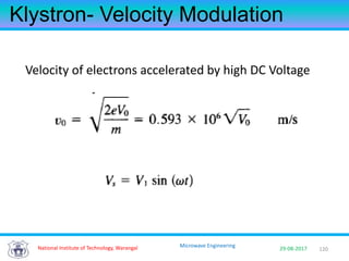 120National Institute of Technology, Warangal 29-08-2017
Microwave Engineering
Klystron- Velocity Modulation
Velocity of electrons accelerated by high DC Voltage
 