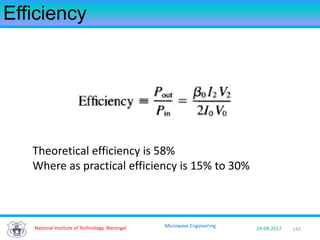 142National Institute of Technology, Warangal 29-08-2017
Microwave Engineering
Efficiency
Theoretical efficiency is 58%
Where as practical efficiency is 15% to 30%
 
