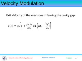 151National Institute of Technology, Warangal 29-08-2017
Microwave Engineering
Velocity Modulation
Exit Velocity of the electrons in leaving the cavity gap
 