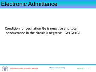 172National Institute of Technology, Warangal 29-08-2017
Microwave Engineering
Electronic Admittance
Condition for oscillation Ge is negative and total
conductance in the circuit is negative –Ge>Gc+Gl
 