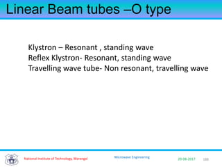 188National Institute of Technology, Warangal 29-08-2017
Microwave Engineering
Linear Beam tubes –O type
Klystron – Resonant , standing wave
Reflex Klystron- Resonant, standing wave
Travelling wave tube- Non resonant, travelling wave
 