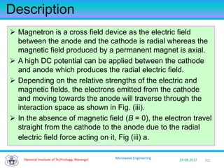 201National Institute of Technology, Warangal 29-08-2017
Microwave Engineering
Description
 Magnetron is a cross field device as the electric field
between the anode and the cathode is radial whereas the
magnetic field produced by a permanent magnet is axial.
 A high DC potential can be applied between the cathode
and anode which produces the radial electric field.
 Depending on the relative strengths of the electric and
magnetic fields, the electrons emitted from the cathode
and moving towards the anode will traverse through the
interaction space as shown in Fig. (iii).
 In the absence of magnetic field (B = 0), the electron travel
straight from the cathode to the anode due to the radial
electric field force acting on it, Fig (iii) a.
 