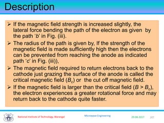 207National Institute of Technology, Warangal 29-08-2017
Microwave Engineering
Description
 If the magnetic field strength is increased slightly, the
lateral force bending the path of the electron as given by
the path ‘b’ in Fig. (iii).
 The radius of the path is given by, If the strength of the
magnetic field is made sufficiently high then the electrons
can be prevented from reaching the anode as indicated
path ‘c’ in Fig. (iii)),
 The magnetic field required to return electrons back to the
cathode just grazing the surface of the anode is called the
critical magnetic field (Bc) or the cut off magnetic field.
 If the magnetic field is larger than the critical field (B > Bc),
the electron experiences a greater rotational force and may
return back to the cathode quite faster.
 