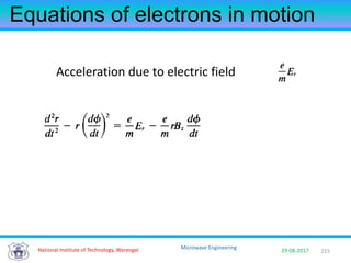 215National Institute of Technology, Warangal 29-08-2017
Microwave Engineering
Equations of electrons in motion
Acceleration due to electric field
 