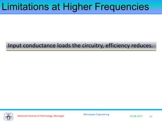 60National Institute of Technology, Warangal 29-08-2017
Microwave Engineering
Limitations at Higher Frequencies
Input conductance loads the circuitry, efficiency reduces.
Limitations at Higher Frequencies
 