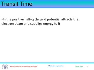 83National Institute of Technology, Warangal 29-08-2017
Microwave Engineering
Transit Time
•In the positive half-cycle, grid potential attracts the
electron beam and supplies energy to it
 