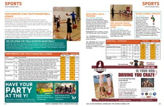 2 2 								 North Suburban YMCA I www.nsymca.org LIKE US ON FACEBOOK | DOWNLOAD THE NSYMCA MOBILE APP			 		 23	
SPORTSYOUTH BASKETBALL
Northbrook Star Youth Basketball
League
NSYMCA Developmental Basketball League believes that character
development, focusing on the values of caring, honesty, respect, and
responsibility, is an essential element of our sports programs. Participants
will receive help in developing their skills through quality instruction, game
experience and player development.
Our league is designed for boys and girls to learn the fundamentals of
basketball, good sportsmanship, teamwork and rules of the game. Players
will be placed on teams, formed after 2 weeks of evaluations. Practices will
be held during the week to develop and build skills. Teams will participate
in regular season games followed by playoffs. All participants will receive a
jersey, which is included in the class fee.
November 14, 2015- March 5, 2016
Northbrook Star Youth Basketball League Early Rate Regular Rate
NOW 08/03 11/17
LEVEL GRADE DESCRIPTION $ YM $ NM $ YM $ NM
Little Superstars K Learning in a fun-filled environment. Players will develop fundamental skills:
ball handling, passing, defense, and shooting. Meets Saturdays; 10am - 2pm. $175 $198 $185 $208
Little All Stars 1st -
2nd
Players will be placed on teams based on age. Fundamental skills will be
reemphasized: ball handling, passing, defense, and shooting. Teams will
compete in a league-format competition. Meets Saturdays; 10am - 2pm.
$175 $198 $185 $208
Super
Stars	
3rd-
4th
Teams are formed through a draft and based on individual talent after
evaluations. Practices will be emphasized on developing basic skills, game
knowledge, and teamwork. Meets Saturdays; 12-4pm
$175 $198 $185 $208
All Stars 5th -
6th
Teams are created through a draft system and based on the player’s individual
talent level after evaluations. Practices will emphasize on shaping existing
skills, game knowledge, and teamwork. Meets Saturdays; 12-4pm
$175 $198 $185 $208
Hall Of Famers 7th -
8th
Teams are created based on the player’s individual talent level and distributed
evenly. Practices will centered on developing and building skills along with a
players character and attitude. Teams will compete in a round robin league
format followed by playoffs. Meets Saturdays; 12-4pm
$175 $198 $185 $208
BASKETBALL - CONTINUED Early Rate Regular Rate
NOW 08/03 08/17
LEVEL GRADE DAY TIME $ YM $ NM $ YM $ NM
Basketball Skills Training K F 4:00-4:45 $68 $88 $75 $97
“ 1 & 2 Tu 5:00-6:00 $104 $126 $114 $140
“ 3-5
grades
Tu 6:00-7:00
$104 $126 $114 $140
“ 6-8
grades
Tu 6:00-7:00
$104 $126 $114 $140
Pre-Season Travel
Training
5th-8th Th 6:30-8:00 $136 $166 $146 $179
Basketball Skills
Training
Fall 1, Grades K - 8th Grade
Focuses on strengthening basic
basketball skills through ball handling,
passing, shooting, rebounding, defense,
transition play and positions. Along
with emphasizing teamwork, good
sportsmanship and hard work. This
program is a great way to get your skills
to the next level.
NSYMCA Travel Tryouts
3rd - 8th Grade
Tryouts will be held the
first part of November.
Travel season runs
November through
March, and is for the
committed player who
is looking for a competitive league.
Mandatory practices will be held twice a
week, games will be on the weekends. The
NSYMCA competes in the competitive
YMCA league and travel is required. Players
are required to be NSYMCA Members.
Teams will be grouped by grade level of
players.
Kindergarten: Basic dribbling, passing
and shooting skills will be introduced.
1st - 2nd Grade: Emphasis will be on
improving basic skills and implementing
proper technique.
3rd - 8th Grade: More advanced
basketball skills will be taught
as well as the importance of
developing confidence. and game
knowledge.
SPORTSYOUTH BASKETBALL
Pre-season Travel
Basketball Training
Class
Fall 1, 5th - 8th Grade 	
This class is for the serious and
dedicated player who wants to work
on skill improvement, agility, game
knowledge, and fundamentals before
travel season try-outs.
See our reviews on www.yelp.com
?IS YOUR DOG
DRIVING YOU CRAZY
Wolf’s Lair K9, Northbrook, Illinois
We can assist you through private in-home training
lessons, day training and even extended lodge-and-
learn options. Now is a great time for
training! So call 847.691.7088 today to
schedule an in-home training session tailored for your
needs, or for more information visit our website.
Let our professional dog training
services help with
• Greeting new people at the door
• Jumping on people
• Pulling on leash
• And much more...
Call anytime for
an appointmentWe train all breeds
Meet the Wolf’s Lair K9 team – Carlos and
Elizabeth, professional dog trainers certified
by the Tom Rose School.
847-691-7088
Did you know the YMCA invented basketball?
In December 1891, at the International YMCA Training School in Springfield, Massacheusetts, the school’s
director, Dr. Luther Gulick, gave physical education teacher James Naismith two weeks to come up with an
indoor winter game to challenge a class of future Y directors. Naismith hung peach baskets to the bottom of
a second-level running track and taught the men his new game: basketball. Today, basketball is second only
to soccer as the most popular sport in the world.
HAVE YOUR
PARTY
AT THE Y! B’nai Mitzvah Parties
Children's Theme Parties
Anniversaries
Adult Birthday Parties
Corporate Events and
CelebrationsGREAT RATES • CUSTOMIZABLE • OUTDOOR TENT
Contact the Y for more inforamtion. 847-272-7250
 