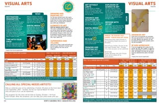 4 0 								 North Suburban YMCA I www.nsymca.org
VISUAL ARTSYOUTH
FALL 1 & 2; YOUTH ART CLASSES Fall 1 Aug 31- Oct 25 Fall 2 Oct 26-Dec 19
Early Rate Regular Rate Early Rate Regular Rate
NOW 8/3 8/17 NOW 8/3 10/18
Class Grade Day Time $YM $NM $YM $NM $YM $NM $YM $NM
Youth
Art in Motion 201 - NEW 3rd-5th grade Th 4:00-5:00 pm $104 $120 $120 $144 $91 $105 $105 $126
Ceramic & Sculpture 201 “ W 5:15-6:15 pm $112 $126 $126 $147 $112 $126 $126 $147
Destination Imagination TM
- NEW
3rd-6th grade W 6:00-7:00 pm $112 $129 $126 $195 $112 $129 $126 $195
Digital Media - NEW “ T 4:30-5:30 pm $128 $148 $144 $223 $128 $148 $144 $223
Drawing & Painting 201 3rd-5th grade M 5:15-6:15 pm $78 $90 $90 $108 $104 $120 $120 $144
Elements of Art 4th - 6th grade Su 3:00-4:55 pm $224 $280 $280 $336 $224 $280 $280 $336
SuperHeroes & Villains “ Tu 5:15-6:15 pm $104 $120 $120 $144 $104 $120 $120 $144
Private Art Lessons - If you prefer one on one private art lessons, we can do that too! Email Cathie Winnie, Art Director, at
cwinnie@nsymca.org to find a date and time that would work with your schedule.
Drawing and
Painting 201			
For the more serious artist who wants
to learn the rules of art, but also how to
break them to create unique individual
pieces of art. A great way to enhance
your skills and confidence!
Elements of Art		
FOR THE SERIOUS ARTIST ONLY
This class is designed for those who
are serious about learning art and don’t
want to drive into the city to attend the
Art Institute. Projects in this class will
be designed around learning concepts
such as line, shading, pattern, perspec-
tive, color, space, etc.
SuperHeros and
VillAIns	
Learn how to draw, sculpt and build your
favorite super characters in action and
how to develop new ones you’ve
imagined.
Destination
Imagination TM
The goal of Destination
ImaginationTM
is to be the global
leader in teaching the creative
process from imagination to
innovation. We will form teams
based on grades and work in
conjunction with Destination
Imagination’s 2015-2016
challenge program for Visual Arts.
The teacher monitors the group
but does not assist the group with
ideas or hands on skills.
Time With Your
Child
Just want some one on one time
with your child? Each month we
will have a different project with
different mediums. One date
might be a painting, another a
sculpture. Share some creative
time with your child! See chart on
page 43 for more details.
Digital Media		
Using the most current cutting
edge apps and software, come
explore drawing, illustrating and
photo manipulation to create
amazing works of art.*
NEW!
VISUAL ARTSYOUTH
FALL 1 & 2; JUNIOR HIGH ART CLASSES Fall 1 Aug 31- Oct 25 Fall 2 Oct 26-Dec 19
Early Rate Regular Rate Early Rate Regular Rate
NOW 8/3 8/17 NOW 8/3 10/18
Class Age Day Time $YM $NM $YM $NM $YM $NM $YM $NM
Youth; Junior High
Advanced Art 6th-8th grade F 4:30-6:00 pm $112 $126 $126 $147 $112 $126 $126 $147
Art Without Limits*
9/11, 9/25, 10/9,
10/23, 11/6, 11/20,
12/4, 12/18 - NEW
“ F 6:30-8:00 pm $20
Each
$30
Each
$20
Each
$30
Each
$20
Each
$30
Each
$20
Each
$30
Each
Ceramic & Sculpture
301 - NEW
“ Th 6:30-7:30 pm $128 $144 $144 $168 $112 $126 $126 $147
Digital Media - NEW “ T 7:00-8:00 pm $128 $148 $144 $228 $148 $144 $144 $228
Digital Media - NEW “ W 4:30-5:30 pm $112 $129 $126 $195 $112 $129 $126 $195
DJ Club - NEW “ Su 10:30-11:25 am $91 $105 $105 $126 $91 $105 $105 $126
Drawing & Painting 301
- NEW
“ M 6:30-7:30 pm $78 $90 $90 $108 $104 $120 $120 $144
Explosion of Science in
Art - NEW
“ W 6:30-7:30 pm $91 $105 $105 $126 $91 $105 $105 $126
Jr High Workshop for
Show - 10/9
“ F 7:00-9:00 pm FREE FREE FREE FREE
Messing with 3D Art -
NEW
“ T 6:30-7:30 pm $104 $120 $120 $144 $104 $120 $120 $144
Private Art Lessons - If you prefer one on one private art lessons, we can do that too! Email Cathie Winnie, Art Director, at
cwinnie@nsymca.org to find a date and time that would work with your schedule.
Advanced Art 		
Learn how to incorporate art principles
into your personality to create your own
art style. Realism and abstract art will
be explored using pencils, pastels, paint,
ink and recyclables.
do?
Jr High Workshop	
If you’re struggling with a piece for the
annual “Be Seen, Not Judged” Jr High Art
Show in November, come to our FREE art
clinic. All framed, 2D works for the show
must be submitted the week of October
26th.
Art Without 		
Limits	
JR HIGH ROCKS on FRIDAY
NIGHTS! We’ll throw paint bal-
loons at a canvas. Spray silly
string for our masterpiece. What
else can we do
Ceramics and
Sculpture 301
We are extending our clay
classes for Jr High students who
just can’t get enough of clay!
Digital Media		
Using the most current cutting
edge apps and software, come
explore drawing, illustrating and
photo manipulation to create
amazing works of art.*
DJ Club
Learn how to edit music and
blend tracks to make your mixes
sound professional!*
Drawing AND
Painting 301 		
For the Jr High Student who
wants to continue to explore art
and learn to develop their 	
artistic style!
Explosion of
Science in Art 	
This class explores science
through art focusing more on
the fun side of exploding art.
Like creating a rocket then using
a not so secret formula to eject
it into space, or tossing our
handmade egg crates to see if
the egg cracked.
Messing with
3D Art
If creating is your thing then this
is your class. You’ll construct 3-D
pieces out of anything you can
think of. Join us as we let our
imaginations explode!
NEW!
ANNUAL “Be SEEN BUT NOT
JUDGED” junior high art show
Showcasing Junior High Artworks in
our Community Gallery the month of
November.
Drop off your framed, 2D piece at the
front desk October 26th – October
31st. Only one piece can be submitted.
RECEPTION:
Sunday, November 8th 4:00 4:45pm
Prizes will be raffled off for
those present.
Calling all special needs artists!
Help us celebrate your art by submitting a framed, 2D piece at the front desk
from September 28th – October 3rd for our Special Needs Art Show. 			
Only one piece of art can be submitted.
The reception for the show will be held on Sunday, October 11th from 		
4:00-4:45pm. After the reception, you can take your piece home with you.
DIGIT
AL MEDIA CL
ASSESDIGIT
ALMEDIACLA
SSES
*Supply fees may be applicable.
*Supply fees may be applicable.
 