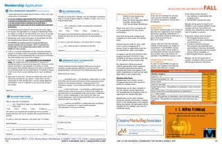 4 8 								 North Suburban YMCA I www.nsymca.org LIKE US ON FACEBOOK | DOWNLOAD THE NSYMCA MOBILE APP			 		 49	
REGISTRATION INFORMATION FALL
Addresses and Phone Numbers
•	 Online at www.nsymca.org.
•	 Fax: 847-272-7801
•	 Drop Off: North Suburban YMCA
	 Customer Service Desk,
	 2705 Techny Road, Northbrook
Please note your class or program will
not be guaranteed until you receive
confirmation.
Each form will be time-stamped and
accepted on a first-come, first served
basis.
Payment may be made by cash, credit
card or check if dropping off in
person. Faxed in registrations must be
accompanied by credit card number.
To register, use the form printed in this
program brochure. This form is also
available at the Guest Services Desk and
on our website at www.nsymca.org.
No registration will be processed
without appropriate waiver signature.
A facsimile registration document,
including the waiver and release of all
claims, substitutes for and has the same
legal effect as the original form.
Membership Dues
Memberships must remain current
throughout the entire class period to
qualify for member rates.
Memberships up for yearly renewal in
the two months around registration
will automatically be charged at time of
registration for membership dues.
Memberships up for yearly renewal
during the session will be sent a renewal
notice. If the membership is not renewed
during this period, the participant will be
charged the non-member class rate for
remaining classes.
Waiting Lists
If you are on a waiting list and your
class selection becomes available,
you will be contacted to confirm your
enrollments.
Confirmation of Class
Registration
You will be notified within 3 to 5 days of
the time your registration was received.
Questions regarding confir­mation of
your registration should be directed to a
guest services associate at 		
847-272-7250.
Classes with less than the minimum
number of parti­cipants are subject to
cancellation. If the NSYMCA cancels
a class, every effort will be made to
accommodate transfer the participant
into another class. Full refunds are
available if the NSYMCA cancels a class.
Refund and Credit Policy
for Programs
In order for the NSYMCA to plan for
teachers and supplies, the following
policies have been put in place:
A full refund will be issued if:
1. You withdraw a week before the 	
	 program starts.
2. The NSYMCA cancels the class.
Refunds will be given by check or by
NSYMCA credit voucher. NSYMCA credit
vouchers must be used within one
calendar year. Refunds by check usually
take 6-8 weeks to process.
A prorated refund will be issued if:
1. The Program Director has to 		
	 cancel the class due to unforeseen 	
	 circumstances; or
2. A medical condition develops 		
	 that prevents the individual from 	
	 participating in the class (a medical 	
	 note is required and only the unused 	
	 portion will be refunded); or
3. With Program Director approval.
Refunds will not be issued due to
weather conditions. Make up may be
offered upon directors discretion.
Membership Rates as of 1/1/15
Member Category Dues per Month
Youth (3 - 17) $30*
Student/Young Adult (18 - 30) $35*
Seniors (60+) $54*
Adult (31 and older) $60*
Single Parent Family - IRS guidelines for dependents, some restrictions
may apply.
$70*
Senior Family (60 yrs plus/IRS guidelines for dependents) $74*
NEW Adult Couples $80*
Family - IRS guidelines for dependents, some restrictions may apply. $91*
Household - IRS guidelines for dependents, some restrictions may
apply.
$100*
*Save up to 7% when you take advantage of annual rates. Ask for details.
Full Service Marketing | Public Relations | Creative Services
540 Frontage Road | Suite 3040 | Northﬁeld, IL 60093
847.784.9100 | info@cmacreative.com | www.cmacreative.com
Get Noticed.®
Membership Application
5 BUILDING FUND PLEDGE
(PLEASE INITIAL YOUR CHOICE AND SIGN)
6 BE A PROGRAM ANGEL
(PLEASE INITIAL YOUR CHOICE AND SIGN)
7 MEMBERSHIP DRAFT AUTHORIZATION
(PLEASE INITIAL YOUR CHOICE AND SIGN)
YMCA MEMBERSHIP AGREEMENT (PLEASE READ AND SIGN)4
1. I understand that this membership will remain in effect until I give
written notice of termination.
2. It is to my complete understanding that if I wish to terminate
or change my membership in any way, I must give the NSYMCA
a 10-day written notice in advance of my draft date. I
understand that I must return all of my membership cards upon
termination.
3.
The NSYMCA Board of Directors may, at their discretion, adjust
the monthly rate applicable to my category of membership. Rates
are subject to change at any time without prior notice. As you age
into a different membership, your fee will automatically change.
4. Membership cards remain the property of the NSYMCA and must
be surrendered upon demand of that institution.
5. The NSYMCA has authorization to charge the difference
between member and non-member rates if I terminate my
membership or if my membership expires while I am in the
middle of a class session.
6. If this is a corporate membership and the corporation becomes
inactive or no longer wishes to participate, membership fees will
be adjusted to current membership fees at the time of notification.
The active member must work at the company.
7. Applicable to draft only: I am responsible for any uncollected
funds. My membership will be terminated if I have two (2)
uncollected drafts on record at the same time, I close my account
without notification, stop payment on my draft, or revoke
authorization. Any penalties imposed by my bank or the NSYMCA
for uncollected drafts are my responsibility. The NSYMCA charges
a $25 service fee or current banking fees for each uncollected
draft.
8. Applicable to draft only: Should any membership draft not be
honored by my bank for any reason, I realize that I am still
responsible for that payment plus a service charge applied by
the NSYMCA. This is in addition to any service fee my bank
may charge.
Signature ________________________________________________________Date ___________
Help us renew the Y’s foundation!
____________Yes, I would like to make a tax deductible contribution.
(select one)
m $5 m $10 m $15 m $20 m Other: $_____________
This amount will automatically be deducted with my monthly
membership dues and can be cancelled with my authorization at
anytime.
Special Request: __________________________________________________________________
________________________________________________________________________________________
____________No, I would not like to contribute at this time.
Signature ________________________________________________________Date ___________
Through our Strong Kids Campaign, your tax deductible contribution
helps us provide program support to families in need. Join us as a
Program Angel today.
____________Yes, I would like to make a tax deductible contribution.
(select one)
m $2 m $5 m $10 m $25 m Other: $____________
This amount will automatically be deducted with my monthly
membership dues and can be cancelled with my authorization at
anytime.
____________No, I would not like to contribute at this time.
Signature ________________________________________________________Date ___________
I hereby authorize the North Suburban YMCA and my financial
institution to begin automatic deductions from the account
designated below in the amount of my membership dues and fees.
Please initial your choice.
____________Checking Account – I am attaching a voided check or a copy
of my debit card to ensure the accuracy of the routing and account
numbers for my banking institution. I understand that if any
information changes, I must provide the NSYMCA with a new voided
check.
____________Credit Card Account – I am attaching a voided imprinted
credit card slip to ensure the accuracy of the account number and
expiration date for the designated credit card account. I understand
that if I receive a replacement or new card for the credit card
account designated, I must provide the NSYMCA with a new voided,
imprinted credit card charge slip.
____________I authorize the NSYMCA to additionally draft the Building
Fund fee for a maximum of 12 equal monthly payments.
*Not applicable to discount promotions.
Signature ________________________________________________________Date ___________
For Office Use Only:
CCC ID # ___________________________________________________________________________
Staff Signature ___________________________________________________________________
North Suburban YMCA • 2705 Techny Road • Northbrook, IL 60062 • 847-272-7250 • www.nsymca.org
If I want to cancel this donation, I will contact the Y in writing.
If I want to cancel this donation, I will contact the Y in writing.
 