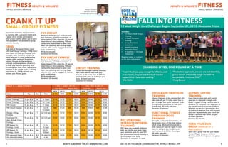 8 								 North Suburban YMCA I www.nsymca.org LIKE US ON FACEBOOK | DOWNLOAD THE NSYMCA MOBILE APP			 		 9	
HEALTH & WELLNESS FITNESSsmall group training
Circuit Training
Cardio and strength training exercises
burn more calories and tone your
muscles at the same time. A different
workout each week to challenge your
body. All levels welcome.
Duration: 60 minutes
PIIT (personal
intensity interval
training)
PIIT takes the treadmill, elliptical,
bike, etc. to the next level! Make
your workouts work for you! PIIT
will personalize interval training to
accommodate your body.
Duration: 30 minutes- 2x week
Off Season Triathlon
Training
Choose from any of the options that will
take time off you Tri time. Learn how to
be a stronger and faster swimmer, while
strengthening your body to help with
overall time. All levels welcome. 	
Duration 60 minutes
Functional Fitness
through Cross
training
Strength, cardio and functionality are
the primary focus of this high energy
small group. Workouts incorporate a
wide variety of exercise types to torch
calories and give you the ability to
tackle every one of life’s challenges.
All levels welcome.
Duration 60 minutes
FALL 1 & 2; adult fitness Fall 1 Aug 31- Oct 25 Fall 2 Oct 26-Dec 19
Early Rate Regular Rate Early Rate Regular Rate
NOW 08/03 08/17 NOW 08/03 10/18
Class Age Day Time $ YM $NM $ YM $ NM $ YM $ NM $ YM $ NM
Pre-registered classes
Circuit Training 18 yrs & up M 9-10am $140 $210 $154 $224 $160 $240 $176 $256
Circuit Training 18 yrs & up M 10-11am $140 $210 $154 $224 $160 $240 $176 $256
TRX Circuit 18 yrs & up F 9-10am $140 $210 $154 $224 $160 $240 $176 $256
TRX Circuit Express 18 yrs & up T 12:15-
12:45pm
$80 $120 $88 $128 $80 $160 $88 $128
Olympic Lifting
Training
18 yrs & up T 6-7:00 pm $140 $210 $154 $224 $160 $240 $176 $256
Functional Fit-
ness through Cross
Training
18 yrs & up Th 6-7:00 pm $160 $240 $176 $256 $160 $240 $176 $256
Off Season Tri
Training - Land
18 yrs & up M 7:15-
8:15pm
$140 $210 $154 $224 $160 $240 $176 $256
Off Season Tri
Training - Swim
18 yrs & up Sun 6:45-
8:00am
$140 $210 $154 $224 $140 $210 $154 $224
PIIT-personal inten-
sity interval training
18 yrs & up M &
W
30 mins/2x
a wk
$160 $240 $176 $256 $160 $240 $176 $256
FITNESSHEALTH & WELLNESS
Megan Vazquez
Wellness Director
mvazquez@nsymca.org
crank it up
Small group fitness
Specialized attention and motivation
by working with a personal trainer and
a group of six or less participants.
Small group training allows you to work
with equipment not available in group
exercise classes.
TRX®
Grab hold of the latest fitness trend
with Small Group Training’s TRX® class!
Your coach will help you develop core
strength, build flexibility and learn a
whole new way to move while getting
a great cardio workout. Suspension
training focuses on the pendulum
principle and manipulation of vectors
to keep your muscles guessing. Be it
increasing lean body mass, upping your
numbers in the weight room or finding
that faster 5k, TRX® will help you
achieve your fitness goals.
TRX Circuit
Ready to challenge your workouts with
high intensity, powerful movements at
faster tempos? This class has 30 second
timed interval sets combining TRX and
cardio drills. Guaranteed to keep your
heart rate pumping and burning mega
calories while you’re engaged in intense
body conditioning.
All levels welcome.
Duration: 60 minutes
TRX Circuit Express
Ready to challenge your workouts with
high intensity, powerful movements at
faster tempos? This class has 30 second
timed interval sets combining TRX and
cardio drills. Guaranteed to keep your
heart rate pumping and burning mega
calories while you’re engaged in intense
body conditioning.
All levels welcome.
Duration: 30 minutes
small group training
Olympic Lifting
Training
Learn how to clean, jerk and snatch
your way to improved strength and
power. Olympic Lifting Training class is
designed for everyone from beginners in
the weight room to experienced lifters.
Whether you are just learning the lifts
or looking to improve form and increase
your one-rep maximum, your coach will
design a workout that works for you.
All levels welcome.
Duration 60 minutes
Form your own
group minimum of 3
participants
Don’t see a group that fits your needs?
Contact Megan Vazquez, Wellness
Director, about forming your own group
today!
		 FALL INTO FITNESS
Includes:
•	 12 Hours Small Group
Training
•	 6 Hours Personal
Training
•	 Group Nutrition 	
Education
•	 Health Coaching
•	 Awesome Prizes
•	 A Healthier & Stronger
Tomorrow!
Register today, or contact
us for more information.
12 Week Weight Loss Challenge • Begins September 21, 2015 • Awesome Prizes
CHANGING LIVES, ONE POUND AT A TIME
“I can't thank you guys enough for offering such
an awesome program and the much needed
support that I have been seeking.”
~Kim Zlatin
“The holistic approach, one-on-one nutrition help,
group classes and weekly weigh-ins held me 		
accountable. I lost over 40lb!”
~Craig Besant
 