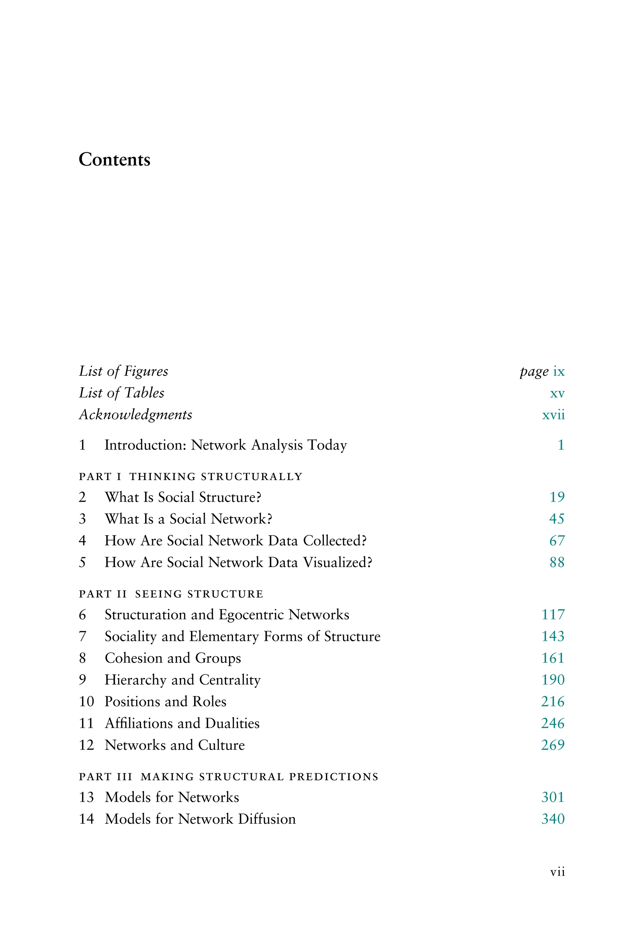 Contents
List of Figures page ix
List of Tables xv
Acknowledgments xvii
1 Introduction: Network Analysis Today 1
   
2 What Is Social Structure? 19
3 What Is a Social Network? 45
4 How Are Social Network Data Collected? 67
5 How Are Social Network Data Visualized? 88
   
6 Structuration and Egocentric Networks 117
7 Sociality and Elementary Forms of Structure 143
8 Cohesion and Groups 161
9 Hierarchy and Centrality 190
10 Positions and Roles 216
11 Afﬁliations and Dualities 246
12 Networks and Culture 269
    
13 Models for Networks 301
14 Models for Network Diffusion 340
vii
 