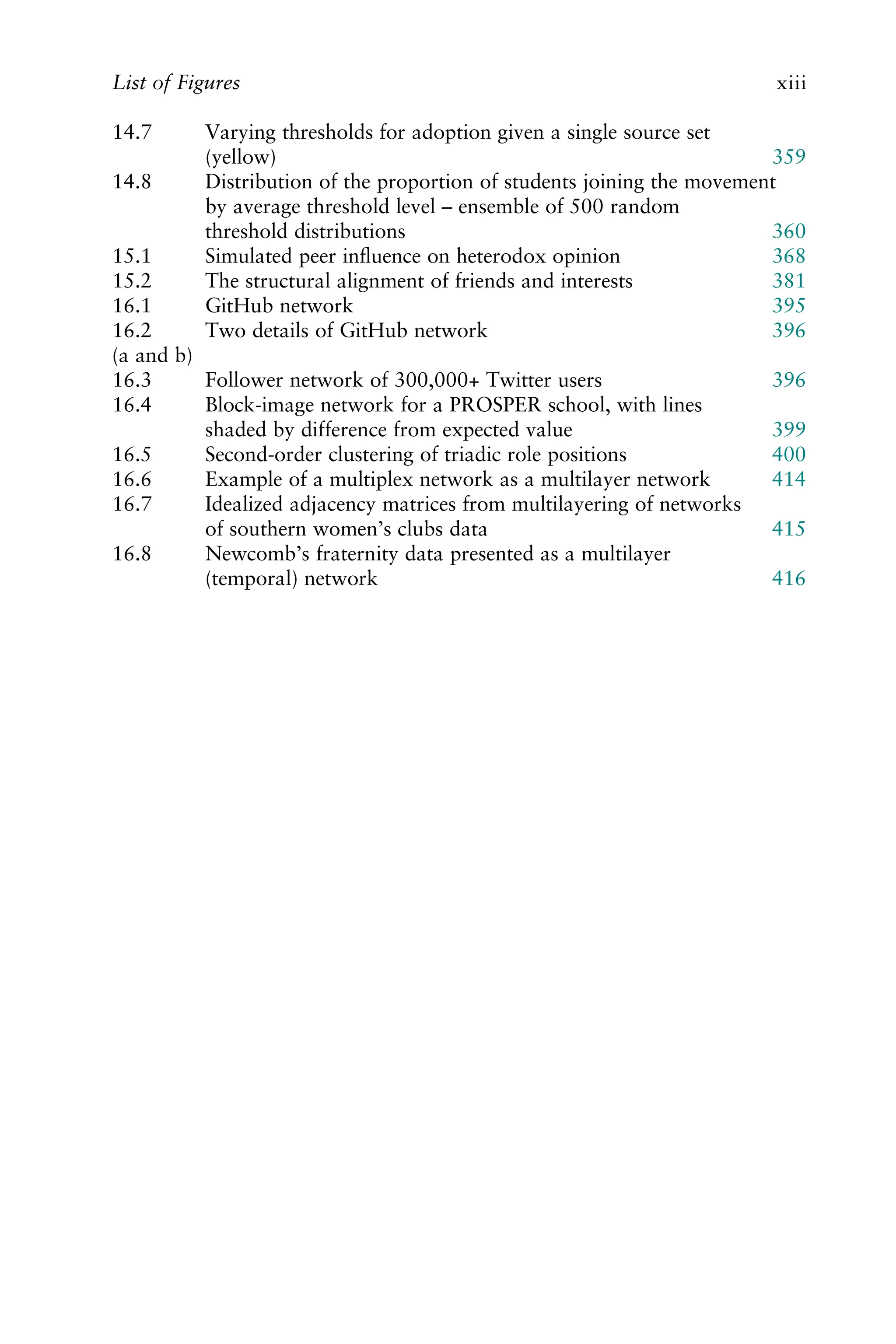 14.7 Varying thresholds for adoption given a single source set
(yellow) 359
14.8 Distribution of the proportion of students joining the movement
by average threshold level – ensemble of 500 random
threshold distributions 360
15.1 Simulated peer inﬂuence on heterodox opinion 368
15.2 The structural alignment of friends and interests 381
16.1 GitHub network 395
16.2
(a and b)
Two details of GitHub network 396
16.3 Follower network of 300,000+ Twitter users 396
16.4 Block-image network for a PROSPER school, with lines
shaded by difference from expected value 399
16.5 Second-order clustering of triadic role positions 400
16.6 Example of a multiplex network as a multilayer network 414
16.7 Idealized adjacency matrices from multilayering of networks
of southern women’s clubs data 415
16.8 Newcomb’s fraternity data presented as a multilayer
(temporal) network 416
List of Figures xiii
 