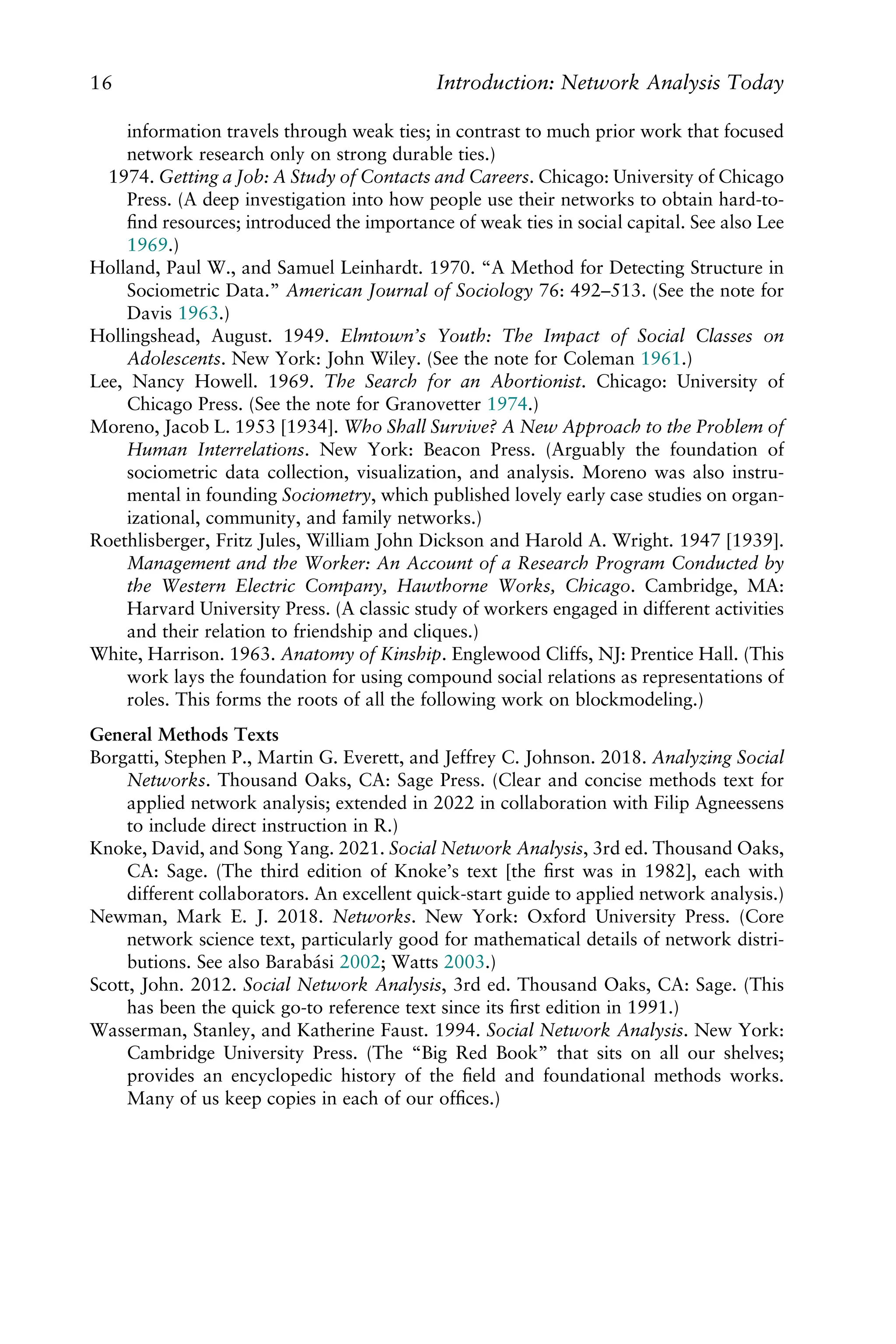 information travels through weak ties; in contrast to much prior work that focused
network research only on strong durable ties.)
1974. Getting a Job: A Study of Contacts and Careers. Chicago: University of Chicago
Press. (A deep investigation into how people use their networks to obtain hard-to-
ﬁnd resources; introduced the importance of weak ties in social capital. See also Lee
1969.)
Holland, Paul W., and Samuel Leinhardt. 1970. “A Method for Detecting Structure in
Sociometric Data.” American Journal of Sociology 76: 492–513. (See the note for
Davis 1963.)
Hollingshead, August. 1949. Elmtown’s Youth: The Impact of Social Classes on
Adolescents. New York: John Wiley. (See the note for Coleman 1961.)
Lee, Nancy Howell. 1969. The Search for an Abortionist. Chicago: University of
Chicago Press. (See the note for Granovetter 1974.)
Moreno, Jacob L. 1953 [1934]. Who Shall Survive? A New Approach to the Problem of
Human Interrelations. New York: Beacon Press. (Arguably the foundation of
sociometric data collection, visualization, and analysis. Moreno was also instru-
mental in founding Sociometry, which published lovely early case studies on organ-
izational, community, and family networks.)
Roethlisberger, Fritz Jules, William John Dickson and Harold A. Wright. 1947 [1939].
Management and the Worker: An Account of a Research Program Conducted by
the Western Electric Company, Hawthorne Works, Chicago. Cambridge, MA:
Harvard University Press. (A classic study of workers engaged in different activities
and their relation to friendship and cliques.)
White, Harrison. 1963. Anatomy of Kinship. Englewood Cliffs, NJ: Prentice Hall. (This
work lays the foundation for using compound social relations as representations of
roles. This forms the roots of all the following work on blockmodeling.)
General Methods Texts
Borgatti, Stephen P., Martin G. Everett, and Jeffrey C. Johnson. 2018. Analyzing Social
Networks. Thousand Oaks, CA: Sage Press. (Clear and concise methods text for
applied network analysis; extended in 2022 in collaboration with Filip Agneessens
to include direct instruction in R.)
Knoke, David, and Song Yang. 2021. Social Network Analysis, 3rd ed. Thousand Oaks,
CA: Sage. (The third edition of Knoke’s text [the ﬁrst was in 1982], each with
different collaborators. An excellent quick-start guide to applied network analysis.)
Newman, Mark E. J. 2018. Networks. New York: Oxford University Press. (Core
network science text, particularly good for mathematical details of network distri-
butions. See also Barabási 2002; Watts 2003.)
Scott, John. 2012. Social Network Analysis, 3rd ed. Thousand Oaks, CA: Sage. (This
has been the quick go-to reference text since its ﬁrst edition in 1991.)
Wasserman, Stanley, and Katherine Faust. 1994. Social Network Analysis. New York:
Cambridge University Press. (The “Big Red Book” that sits on all our shelves;
provides an encyclopedic history of the ﬁeld and foundational methods works.
Many of us keep copies in each of our ofﬁces.)
16 Introduction: Network Analysis Today
 
