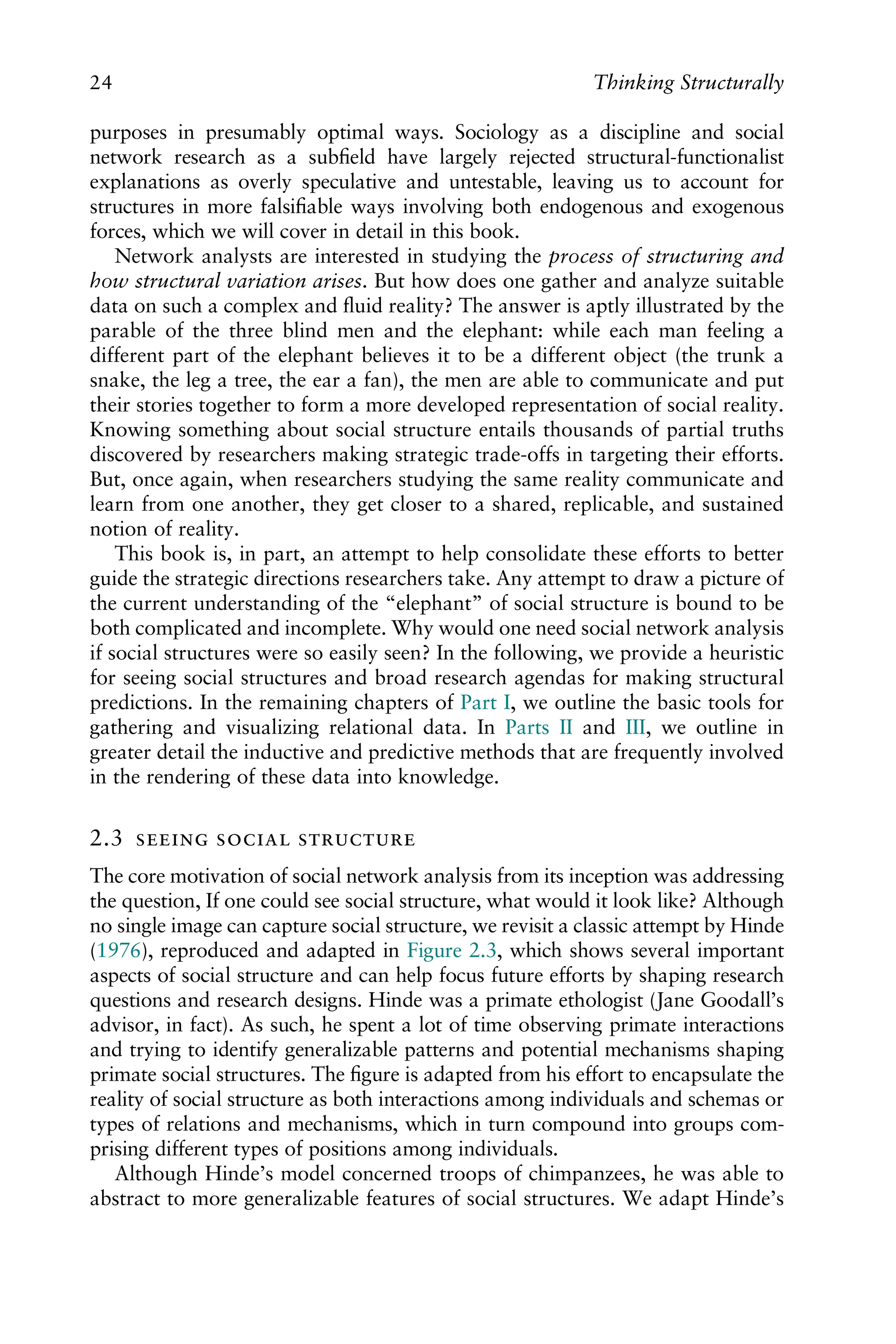 purposes in presumably optimal ways. Sociology as a discipline and social
network research as a subﬁeld have largely rejected structural-functionalist
explanations as overly speculative and untestable, leaving us to account for
structures in more falsiﬁable ways involving both endogenous and exogenous
forces, which we will cover in detail in this book.
Network analysts are interested in studying the process of structuring and
how structural variation arises. But how does one gather and analyze suitable
data on such a complex and ﬂuid reality? The answer is aptly illustrated by the
parable of the three blind men and the elephant: while each man feeling a
different part of the elephant believes it to be a different object (the trunk a
snake, the leg a tree, the ear a fan), the men are able to communicate and put
their stories together to form a more developed representation of social reality.
Knowing something about social structure entails thousands of partial truths
discovered by researchers making strategic trade-offs in targeting their efforts.
But, once again, when researchers studying the same reality communicate and
learn from one another, they get closer to a shared, replicable, and sustained
notion of reality.
This book is, in part, an attempt to help consolidate these efforts to better
guide the strategic directions researchers take. Any attempt to draw a picture of
the current understanding of the “elephant” of social structure is bound to be
both complicated and incomplete. Why would one need social network analysis
if social structures were so easily seen? In the following, we provide a heuristic
for seeing social structures and broad research agendas for making structural
predictions. In the remaining chapters of Part I, we outline the basic tools for
gathering and visualizing relational data. In Parts II and III, we outline in
greater detail the inductive and predictive methods that are frequently involved
in the rendering of these data into knowledge.
2.3   
The core motivation of social network analysis from its inception was addressing
the question, If one could see social structure, what would it look like? Although
no single image can capture social structure, we revisit a classic attempt by Hinde
(1976), reproduced and adapted in Figure 2.3, which shows several important
aspects of social structure and can help focus future efforts by shaping research
questions and research designs. Hinde was a primate ethologist (Jane Goodall’s
advisor, in fact). As such, he spent a lot of time observing primate interactions
and trying to identify generalizable patterns and potential mechanisms shaping
primate social structures. The ﬁgure is adapted from his effort to encapsulate the
reality of social structure as both interactions among individuals and schemas or
types of relations and mechanisms, which in turn compound into groups com-
prising different types of positions among individuals.
Although Hinde’s model concerned troops of chimpanzees, he was able to
abstract to more generalizable features of social structures. We adapt Hinde’s
24 Thinking Structurally
 