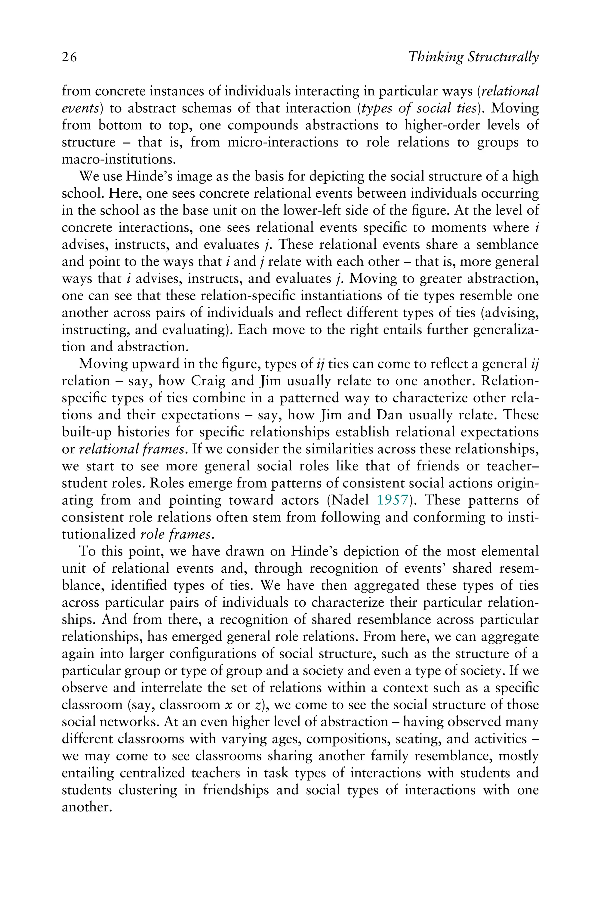from concrete instances of individuals interacting in particular ways (relational
events) to abstract schemas of that interaction (types of social ties). Moving
from bottom to top, one compounds abstractions to higher-order levels of
structure – that is, from micro-interactions to role relations to groups to
macro-institutions.
We use Hinde’s image as the basis for depicting the social structure of a high
school. Here, one sees concrete relational events between individuals occurring
in the school as the base unit on the lower-left side of the ﬁgure. At the level of
concrete interactions, one sees relational events speciﬁc to moments where i
advises, instructs, and evaluates j. These relational events share a semblance
and point to the ways that i and j relate with each other – that is, more general
ways that i advises, instructs, and evaluates j. Moving to greater abstraction,
one can see that these relation-speciﬁc instantiations of tie types resemble one
another across pairs of individuals and reﬂect different types of ties (advising,
instructing, and evaluating). Each move to the right entails further generaliza-
tion and abstraction.
Moving upward in the ﬁgure, types of ij ties can come to reﬂect a general ij
relation – say, how Craig and Jim usually relate to one another. Relation-
speciﬁc types of ties combine in a patterned way to characterize other rela-
tions and their expectations – say, how Jim and Dan usually relate. These
built-up histories for speciﬁc relationships establish relational expectations
or relational frames. If we consider the similarities across these relationships,
we start to see more general social roles like that of friends or teacher–
student roles. Roles emerge from patterns of consistent social actions origin-
ating from and pointing toward actors (Nadel 1957). These patterns of
consistent role relations often stem from following and conforming to insti-
tutionalized role frames.
To this point, we have drawn on Hinde’s depiction of the most elemental
unit of relational events and, through recognition of events’ shared resem-
blance, identiﬁed types of ties. We have then aggregated these types of ties
across particular pairs of individuals to characterize their particular relation-
ships. And from there, a recognition of shared resemblance across particular
relationships, has emerged general role relations. From here, we can aggregate
again into larger conﬁgurations of social structure, such as the structure of a
particular group or type of group and a society and even a type of society. If we
observe and interrelate the set of relations within a context such as a speciﬁc
classroom (say, classroom x or z), we come to see the social structure of those
social networks. At an even higher level of abstraction – having observed many
different classrooms with varying ages, compositions, seating, and activities –
we may come to see classrooms sharing another family resemblance, mostly
entailing centralized teachers in task types of interactions with students and
students clustering in friendships and social types of interactions with one
another.
26 Thinking Structurally
 