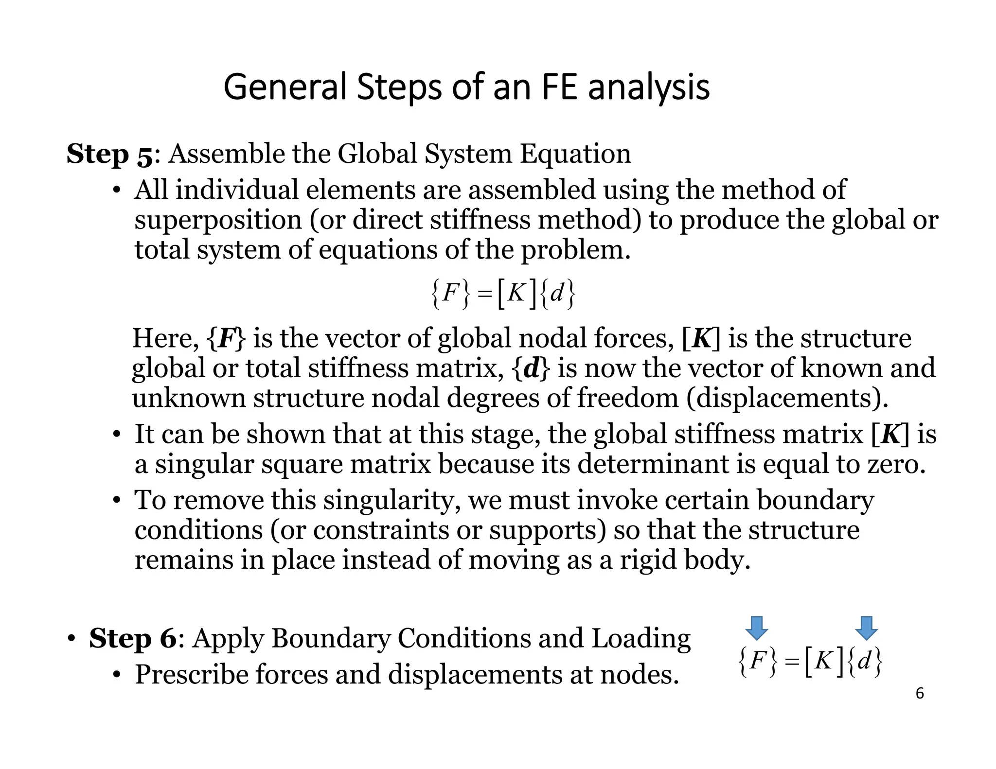 6
General Steps of an FE analysis
Step 5: Assemble the Global System Equation
• All individual elements are assembled using the method of
superposition (or direct stiffness method) to produce the global or
total system of equations of the problem.
Here, {F} is the vector of global nodal forces, [K] is the structure
global or total stiffness matrix, {d} is now the vector of known and
unknown structure nodal degrees of freedom (displacements).
• It can be shown that at this stage, the global stiffness matrix [K] is
a singular square matrix because its determinant is equal to zero.
• To remove this singularity, we must invoke certain boundary
conditions (or constraints or supports) so that the structure
remains in place instead of moving as a rigid body.
• Step 6: Apply Boundary Conditions and Loading
• Prescribe forces and displacements at nodes.
    
F K d

    
F K d

 