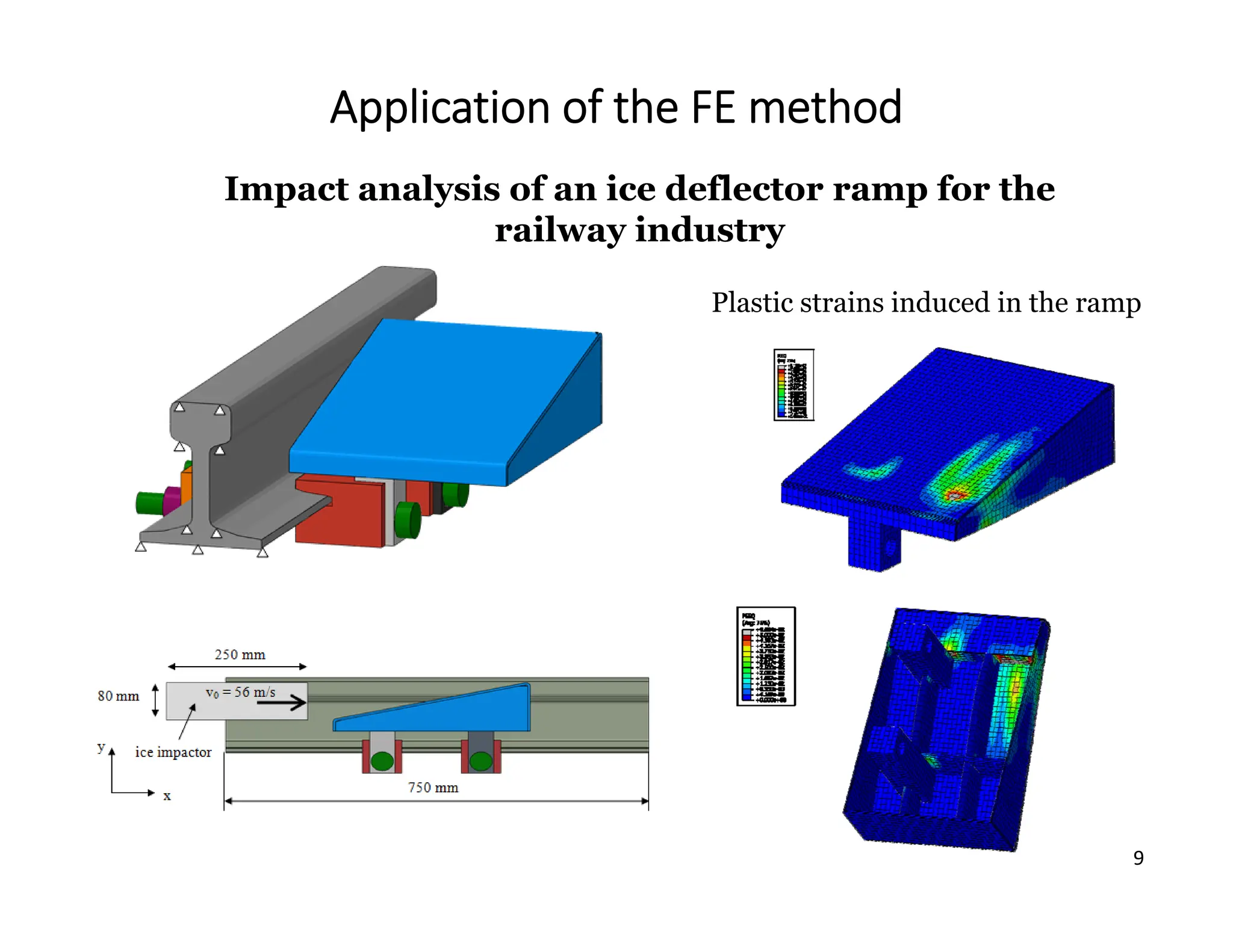 9
Application of the FE method
Impact analysis of an ice deflector ramp for the
railway industry
Plastic strains induced in the ramp
 
