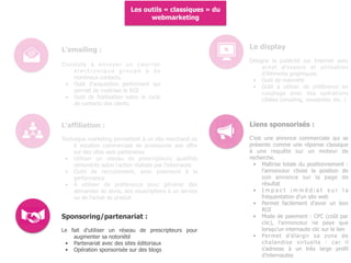 Les outils « classiques » du
webmarketing
L'affiliation :
Technique marketing permettant à un site marchand ou
à vocation commerciale de promouvoir son offre
sur des sites web partenaires
• Utiliser un réseau de prescripteurs qualifiés
rémunérés selon l'action réalisée par l'internaute
• Outil de recrutement, avec paiement à la
performance
• À utiliser de préférence pour générer des
demandes de devis, des souscriptions à un service
ou de l'achat de produit
L'emailing :
Consiste à envoyer un courrier
é l e c t r o n i q u e g r o u p é à d e
nombreux contacts.
• Outil d'acquisition performant qui
permet de maitriser le ROI
• Outil de fidélisation selon le cycle
de contacts des clients
Le display
Désigne la publicité sur Internet avec
achat d'espace et utilisation
d'éléments graphiques.
• Outil de notoriété
• Outil à utiliser de préférence en
couplage avec des opérations
ciblées (emailing, newsletter, etc. )
Liens sponsorisés :
C'est une annonce commerciale qui se
présente comme une réponse classique
à une requête sur un moteur de
recherche.
• Maîtrise totale du positionnement :
l'annonceur choisi la position de
son annonce sur la page de
résultat
• I m p a c t i m m é d i a t s u r l a
fréquentation d'un site web
• Permet facilement d'avoir un bon
ROI
• Mode de paiement : CPC (coût par
clic), l'annonceur ne paye que
lorsqu'un internaute clic sur le lien
• Permet d'élargir sa zone de
chalandise virtuelle : car il
s'adresse à un très large profil
d'internautes
Sponsoring/partenariat :
Le fait d'utiliser un réseau de prescripteurs pour
augmenter sa notoriété
• Partenariat avec des sites éditoriaux
• Opération sponsorisée sur des blogs
 