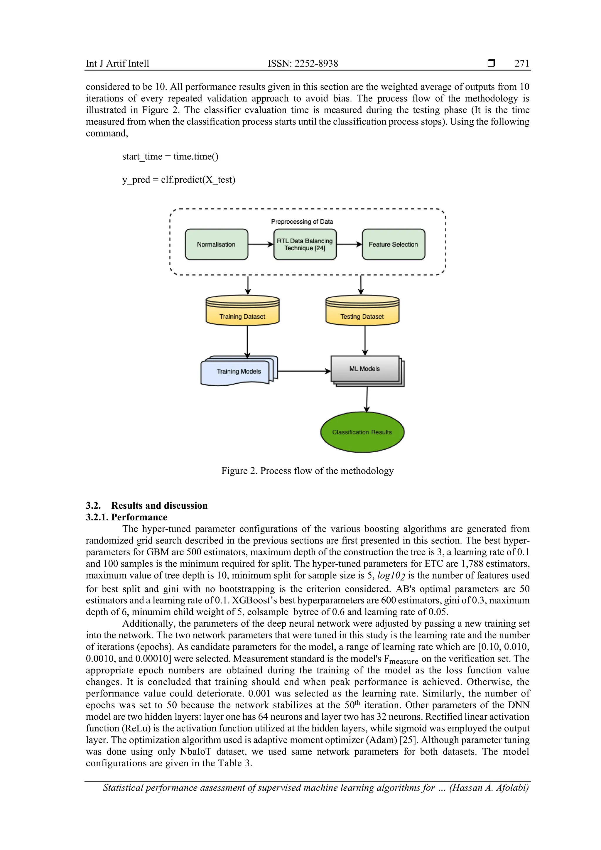 Int J Artif Intell ISSN: 2252-8938  Statistical performance assessment of supervised machine learning algorithms for … (Hassan A. Afolabi) 271 considered to be 10. All performance results given in this section are the weighted average of outputs from 10 iterations of every repeated validation approach to avoid bias. The process flow of the methodology is illustrated in Figure 2. The classifier evaluation time is measured during the testing phase (It is the time measured from when the classification process starts until the classification process stops). Using the following command, start_time = time.time() y_pred = clf.predict(X_test) Figure 2. Process flow of the methodology 3.2. Results and discussion 3.2.1. Performance The hyper-tuned parameter configurations of the various boosting algorithms are generated from randomized grid search described in the previous sections are first presented in this section. The best hyper- parameters for GBM are 500 estimators, maximum depth of the construction the tree is 3, a learning rate of 0.1 and 100 samples is the minimum required for split. The hyper-tuned parameters for ETC are 1,788 estimators, maximum value of tree depth is 10, minimum split for sample size is 5, log102 is the number of features used for best split and gini with no bootstrapping is the criterion considered. AB's optimal parameters are 50 estimators and a learning rate of 0.1. XGBoost’s best hyperparameters are 600 estimators, gini of 0.3, maximum depth of 6, minumim child weight of 5, colsample_bytree of 0.6 and learning rate of 0.05. Additionally, the parameters of the deep neural network were adjusted by passing a new training set into the network. The two network parameters that were tuned in this study is the learning rate and the number of iterations (epochs). As candidate parameters for the model, a range of learning rate which are [0.10, 0.010, 0.0010, and 0.00010] were selected. Measurement standard is the model's Fmeasure on the verification set. The appropriate epoch numbers are obtained during the training of the model as the loss function value changes. It is concluded that training should end when peak performance is achieved. Otherwise, the performance value could deteriorate. 0.001 was selected as the learning rate. Similarly, the number of epochs was set to 50 because the network stabilizes at the 50th iteration. Other parameters of the DNN model are two hidden layers: layer one has 64 neurons and layer two has 32 neurons. Rectified linear activation function (ReLu) is the activation function utilized at the hidden layers, while sigmoid was employed the output layer. The optimization algorithm used is adaptive moment optimizer (Adam) [25]. Although parameter tuning was done using only NbaIoT dataset, we used same network parameters for both datasets. The model configurations are given in the Table 3. 