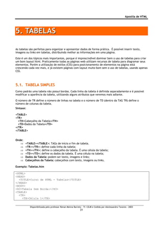 Apostila de HTML




5. TABELAS

As tabelas são perfeitas para organizar e apresentar dados de forma prática. É possível inserir texto,
imagens ou links em tabelas, distribuindo melhor as informações em uma página.

Este é um dos tópicos mais importantes, porque é imprescindível dominar bem o uso de tabelas para criar
um bom layout html. Praticamente todas as páginas web utilizam recursos de tabela para diagramar seus
elementos. Porém a utilização de estilos (CSS) para posicionamento de elementos na página está
crescendo cada vez mais, e já existem páginas com layout muito bom sem o uso de tabelas, usando apenas
CSS.




5.1. TABELA SIMPLES
Como padrão uma tabela não possui bordas. Cada linha da tabela é definida separadamente e é possível
modificar a aparência da tabela, utilizando alguns atributos que veremos mais adiante.

O número de TR define o número de linhas na tabela e o número de TD (dentro da TAG TR) define o
número de colunas da tabela.
Sintaxe:

<TABLE>
<TR>
  <TH>Cabeçalho da Tabela</TH>
  <TD>Dados da Tabela</TD>
</TR>
</TABLE>


Onde:
   ⇒    <TABLE></TABLE>: TAGs de início e fim de tabela.
   ⇒    <TR></TR>: define cada linha da tabela;
   ⇒    <TH></TH>: define o cabeçalho da tabela. É uma célula da tabela;
   ⇒    <TD></TD>: define os dados da tabela. É uma célula na tabela;
   ⇒    Dados da Tabela: podem ser texto, imagens e links;
   ⇒    Cabeçalhos da Tabela: cabeçalhos com texto, imagens ou links.

Exemplo: Tabelas.htm

<HTML>
<HEAD>
  <TITLE>Curso de HTML - Tabelas</TITLE>
</HEAD>
<BODY>
<H3>Tabela Sem Borda:</H3>
<TABLE>
  <TR>
    <TH>Célula 1</TH>


           Disponibilizada pelo professor Renan Menna Barreto – TI- CDJB e Cedida por Aleckssandro Tavares - 2003
                                                            31
 
