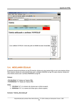 Apostila de HTML




5.4. MESCLANDO CÉLULAS
É possível através de atributos na tag TD mesclar células em uma mesma linha ou em uma mesma coluna.
Para mesclar células em uma mesma linha usar o atributo COLSPAN na tag TD e para mesclar células em
uma mesma coluna usar o atributo ROWSPAN na tag TD.

Sintaxe:

<TD COLSPAN=”n”>Dados da Tabela</TD>
<TD ROWSPAN=”n”>Dados da Tabela</TD>

Onde:
   ⇒ COLSPAN=”n”: é o número de colunas que a célula ocupará;
   ⇒ ROWSPAN=”n”: é o número de linhas que a célula ocupará;

Exemplo: Tabelas_Mescladas.gif



           Disponibilizada pelo professor Renan Menna Barreto – TI- CDJB e Cedida por Aleckssandro Tavares - 2003
                                                            35
 