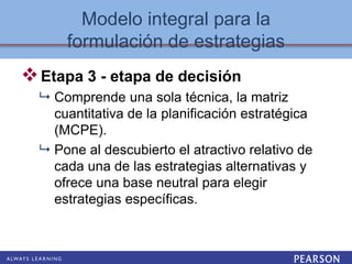 Etapa 3 - etapa de decisión
 Comprende una sola técnica, la matriz
cuantitativa de la planificación estratégica
(MCPE).
 Pone al descubierto el atractivo relativo de
cada una de las estrategias alternativas y
ofrece una base neutral para elegir
estrategias específicas.
Modelo integral para la
formulación de estrategias
 